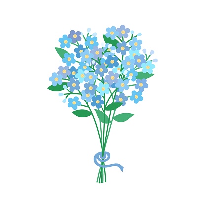 Forget-me-nots bouquet isolated. Forget me not blue flowers on white background. Cute floral design element. Flat vector illustration.