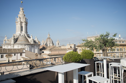 Panoramic view of Rome skyline from rooftop bar, Rome, Italy.