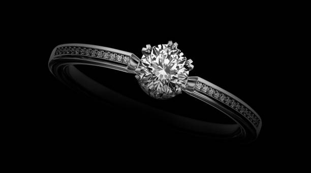 diamond ring isolated on black background. 3d render - elmas yüzük stok fotoğraflar ve resimler