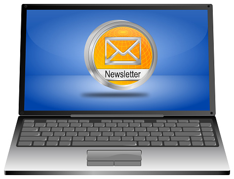 laptop computer with orange Newsletter button on blue desktop - 3D illustration