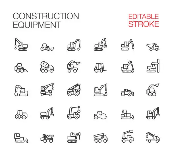 Vector illustration of Construction Machinery, Construction Equipment Icons Set Editable Stroke
