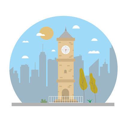 Clock tower with city view vector illustration.