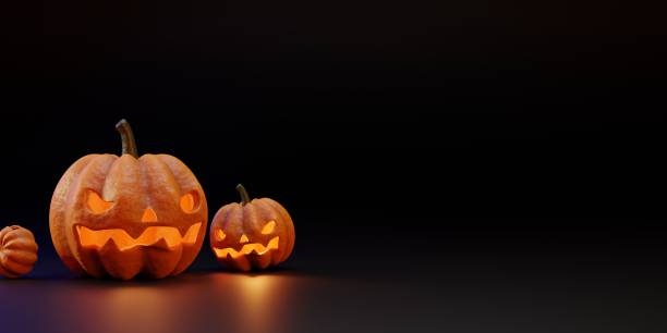 istock 3D rendering Halloween Pumpkins set on dark background 1411823867