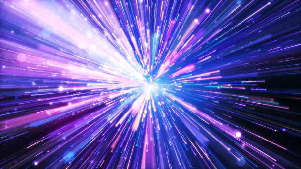 istock Pink Purple blue light trail running, Flight Through the space. 1411824839