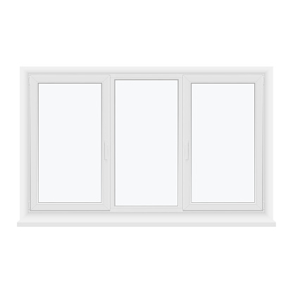 Closed plastic triple window white frame realistic vector illustration. Glossy transparent glass inside apartment home office interior. Classic clean wall construction structure building element