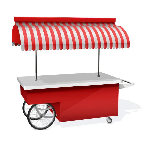 Vector illustration of Outdoor food cart red white striped awning kiosk realistic vector market portable retail showcase