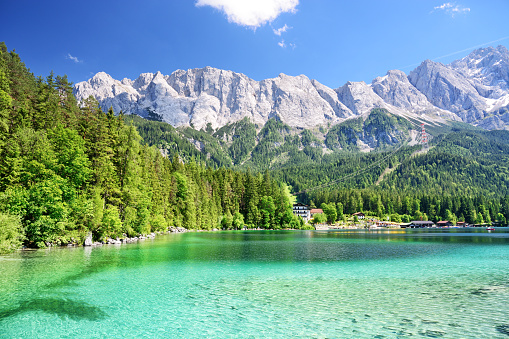 View of the lake Eibsee with the Zugspitze mountain on background, Germany