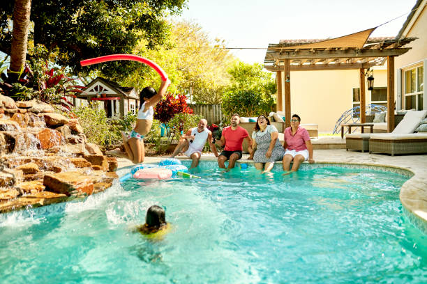 istock Children playing and swimming at weekend pool party 1411828628