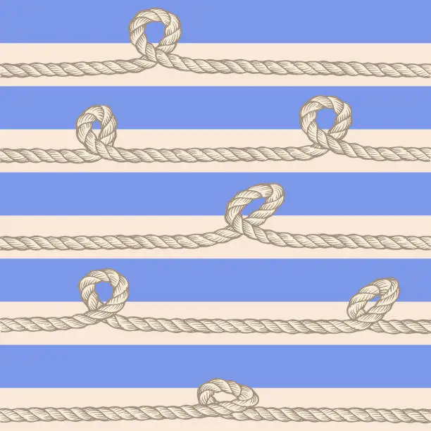 Vector illustration of Sea travel and summer vacation concept in cartoon style. Seamless sea background. Rope rope with nautical knots on a striped background. Creative background for web applications, presentations, design and printing.