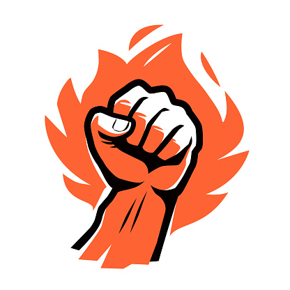 Flaming red fiery fist emblem. Clenched fist in burning fire badge or logo. Symbol strength, power vector illustration