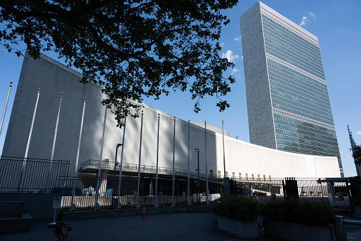 New York, NY, USA - June 4, 2022: The General Assembly and Secretariat buildings at the United Nations headquarters.