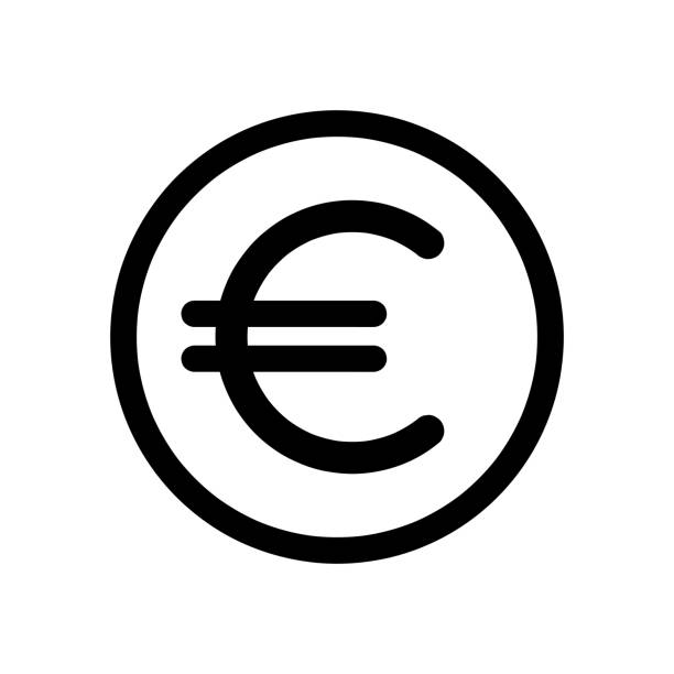 czarny znak euro w kółku, waluta, ikona pieniędzy wektor logo szablon ilustracji wektorowej - cash register wealth coin currency stock illustrations