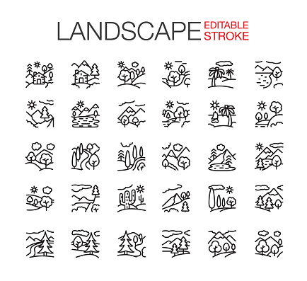 Landscape icons Set. Editable stroke. Thin line vector icons.