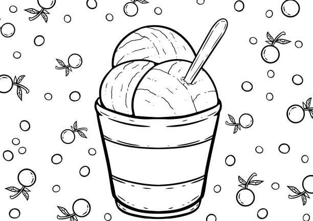 A Digital Line Art Illustration of Delicious, Sweet Ice Cream for Coloring Book - Page A digital line art drawing of popular sweet dessert. A cute and adorable cartoon illustration of ice cream as coloring book or page. A fun activity for the whole family. ice cream with wafer rolls stock illustrations