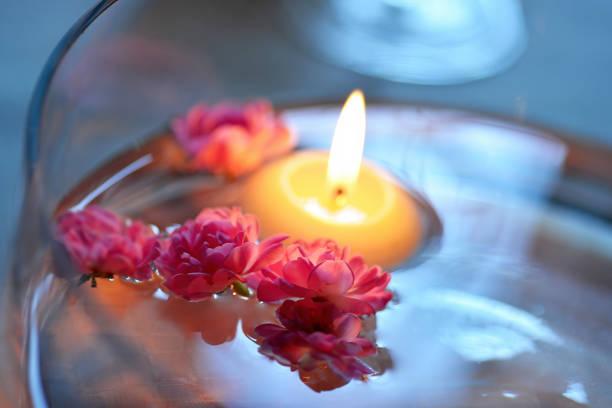 Detail of centerpiece with water flowers and floating candles