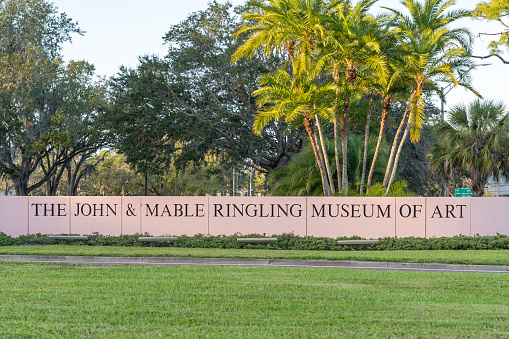 Sarasota, Florida, USA - January 11, 2022: Sign of The John and Mable Ringling Museum of Art in Sarasota, Florida, USA, the official state art museum of Florida.