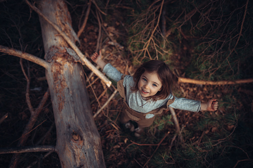 A high angle view of happy little girl with arms outstretched feeling free outdoors in autumn forest, looking at camera.