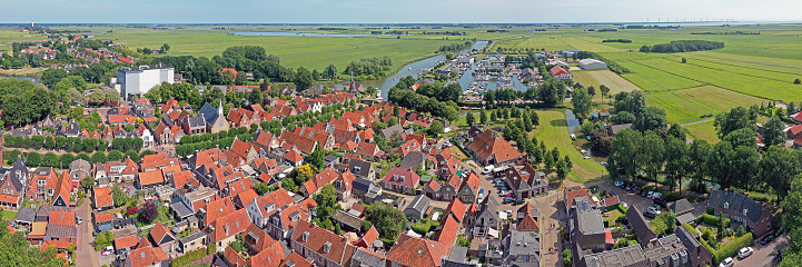 Aerial panorama from the traditional village Sloten in Friesland the Netherlands