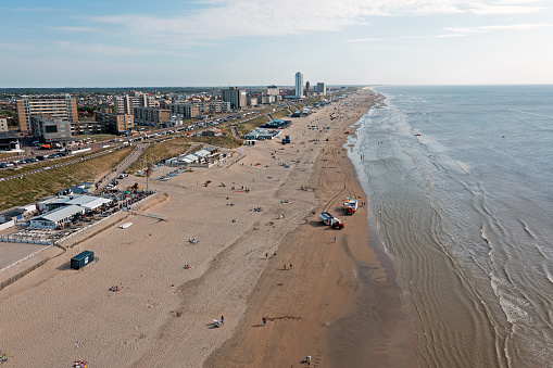 Aerial from the beach at Zandvoort at the North Sea in the Netherlands on a beautiful summer day