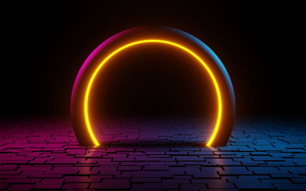 istock Circular neon door reflected in cobblestones with dark background and pink and blue illumination 1411841677