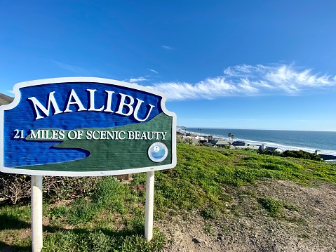 Malibu, USA - January 28, 2020: Malibu sign from the Pacific coast highway