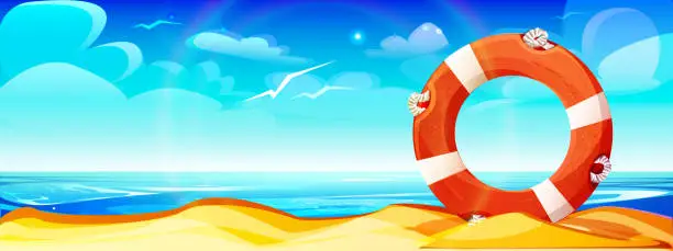 Vector illustration of The concept of sea travel, tourism and beach holidays in cartoon style. Lifebuoy in the sand against the background of the sea and the beach.