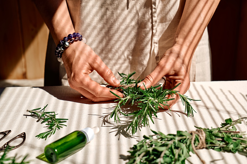 Medicina natural. Las manos de las mujeres atan un manojo de romero. Mujer herbolaria que prepara hierbas orgánicas frescas y fragantes para tratamientos herbales naturales. photo