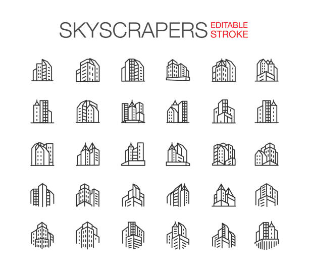 illustrazioni stock, clip art, cartoni animati e icone di tendenza di icone grattacieli imposta tratto modificabile - skyscraper skyline built structure business