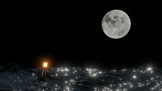 A buoy is floating on stormy ocean with full moon sky (3D Rendering)