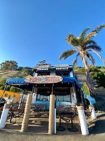Malibu, USA - January  29, 2020: Fish and grill restaurant and beach rentals in Malibu