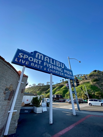 Malibu, USA - January  29, 2020: Malibu pier sign
