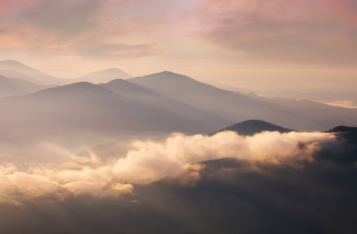 Mountains in low dense fog at morning sunrise. Beautiful landscape with mountain peaks in fog. Mountain valley in clouds.