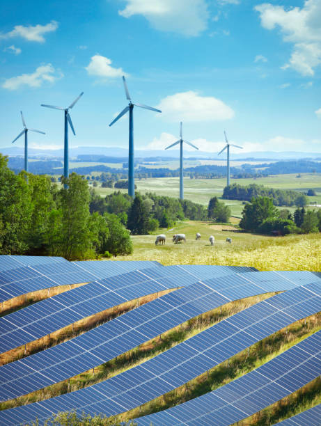 Wind turbines and solar panels in the landscape