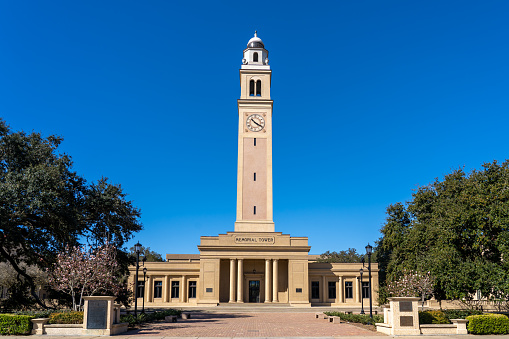 Baton Rouge, Louisiana, USA - February 13, 2022: Memorial Tower in Louisiana State University in Baton Rouge, Louisiana, USA. Louisiana State University is a public land-grant research university.