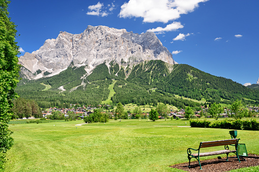 The Zugspitze (Zugspitz) is the highest mountain in Germany at sunny day