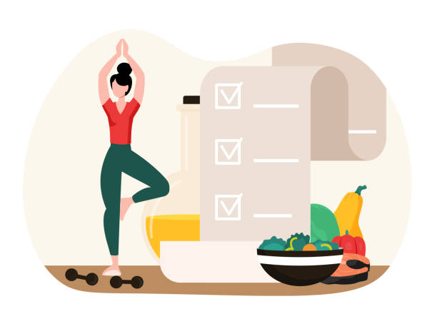 ilustrações de stock, clip art, desenhos animados e ícones de diet plan concept - white background yoga exercising women