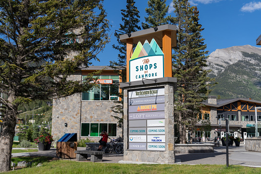 Canmore, Alberta, Canada - July 7, 2022: Sign for the Shops of Canmore, a small shopping area near downtown