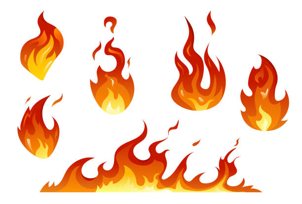 Set of icons with different fire Set of icons with different fire. Hot dangerous flame stickers. Bonfire, burning or ignition. Design element for posters, warning banners. Cartoon flat vector collection isolated on white background fire natural phenomenon stock illustrations