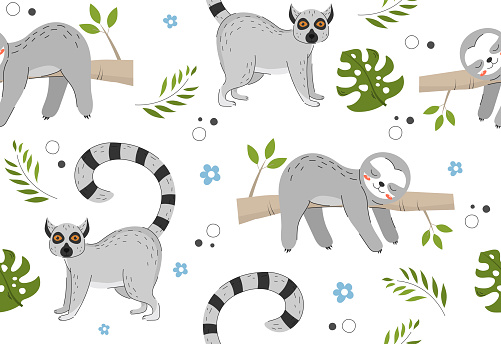 Seamless pattern with jungle animals. Repeating template with lemur, sloth sleeping on branch, leaves and flowers. Design element for printing on children clothing. Cartoon flat vector illustration