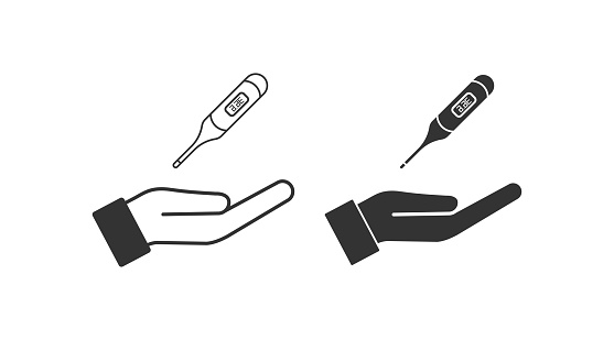 Open palm and thermometer icon. Hand and medical tool illustration symbol. Sign suggestion to take the temperature vector.