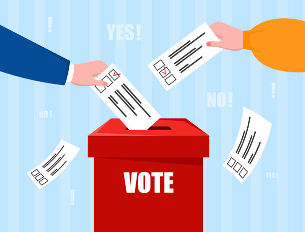 Concept of voting and elections Concept of voting and elections. Hands lower sheets with inscriptions and marks into special box. People with ballots at political referendum. Independent Poll. Cartoon flat vector illustration. voting ballot box voting ballot polling place stock illustrations