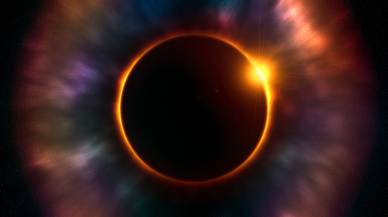 Solar eclipse, moon covers the sun. Astronomy, science, cosmic background