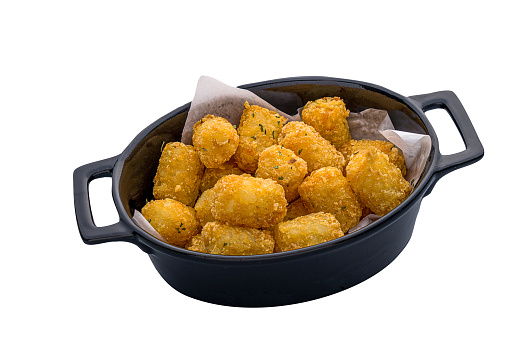 Fried Hash brown balls served in a dish isolated on white background side view