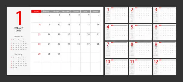 Vector illustration of Calendar 2023 week start Sunday corporate design planner template. Calendar Planner.