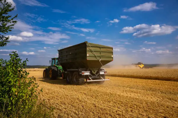 Photo of Combine harvester harvesting ripe wheat. Harvesting in Ukraine during the war and the world crisis for grain.