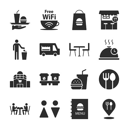 food court icons set. Fast food at the mall. Takeaway food. Monochrome black and white icon. Vector illustration