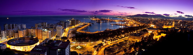 Malaga skyline panorama at night, including bullring and harbour, Malaga, Andalucia, Spain, Europe