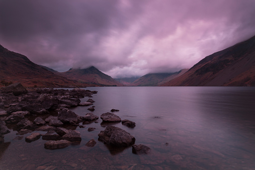 Panoramic view of Wast Water, with Scafell Pike and Great Gable covered in cloud, Lake District National Park, Cumbria, England, United Kingdom, Europe
