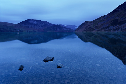 Ennerdale Water after dusk, viewed from the West shore, Lake District National Park, Cumbria, England, United Kingdom, Europe