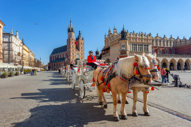 Krakow, Poland - 14 March, 2022: Horse carriages at main square in Krakow. Travel